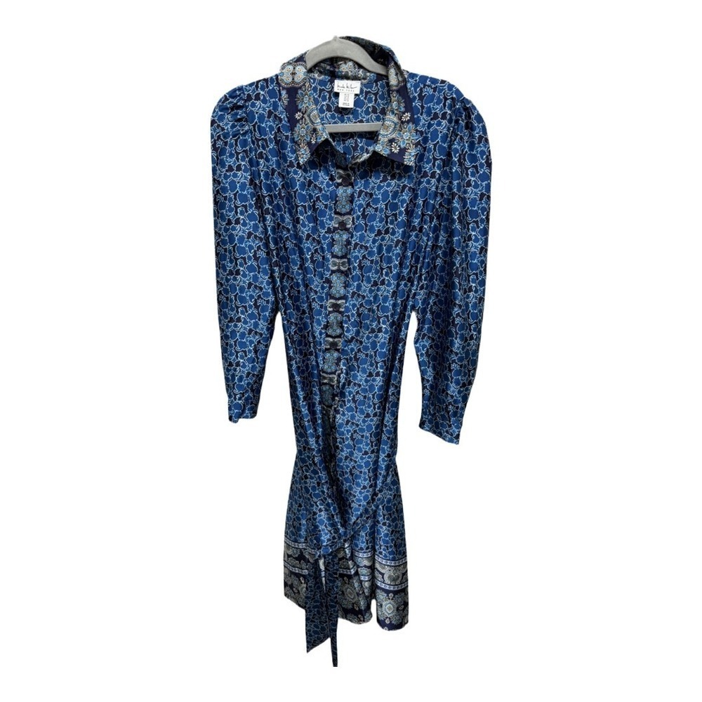 Nicole Miller Blue Silky Shirt Dress Size 14 – Vintage-Inspired Button Front